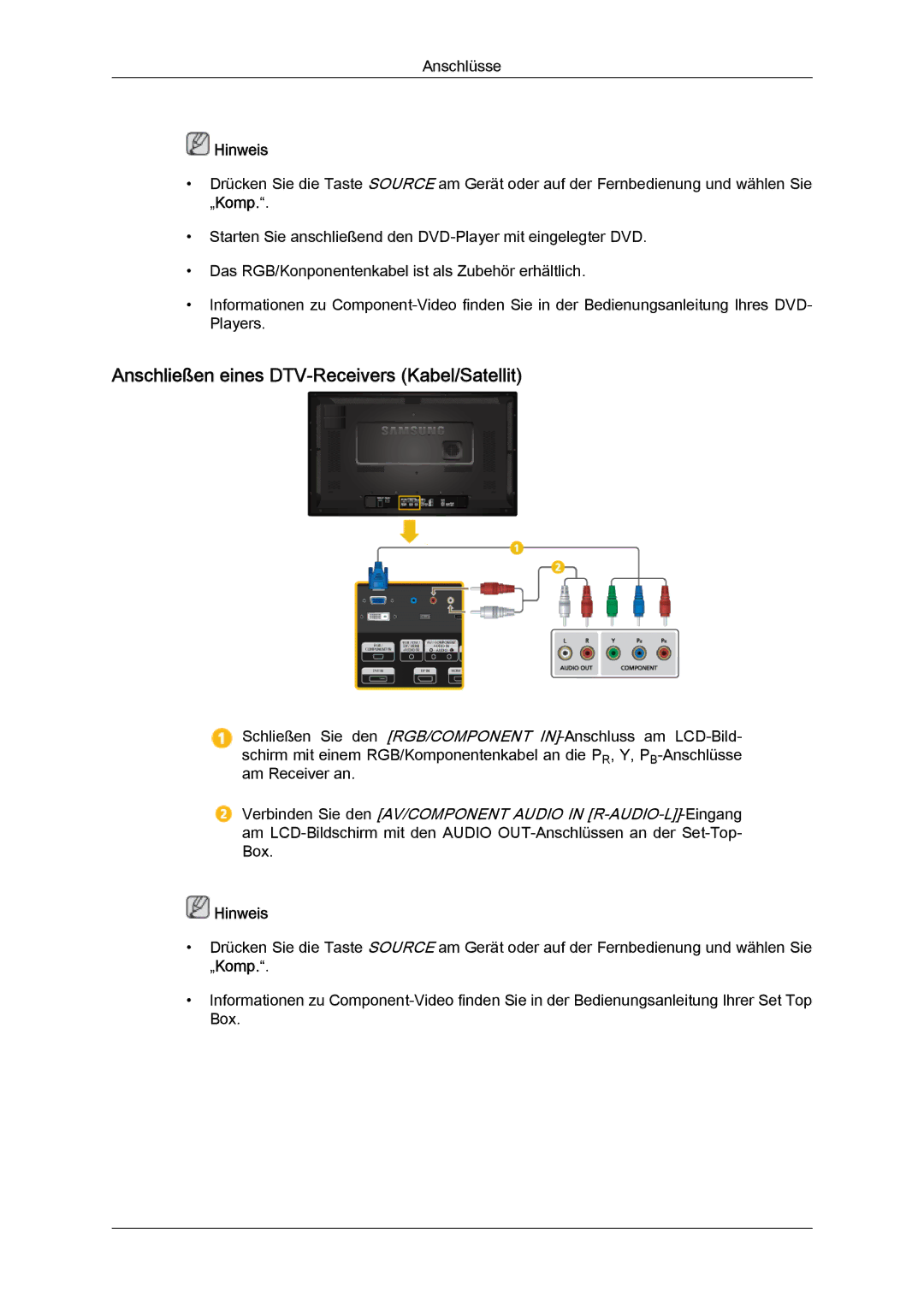 Samsung LH32CRSMBC/EN, LH32CRTMBC/EN, LH32CRSMBD/EN manual Anschließen eines DTV-Receivers Kabel/Satellit 