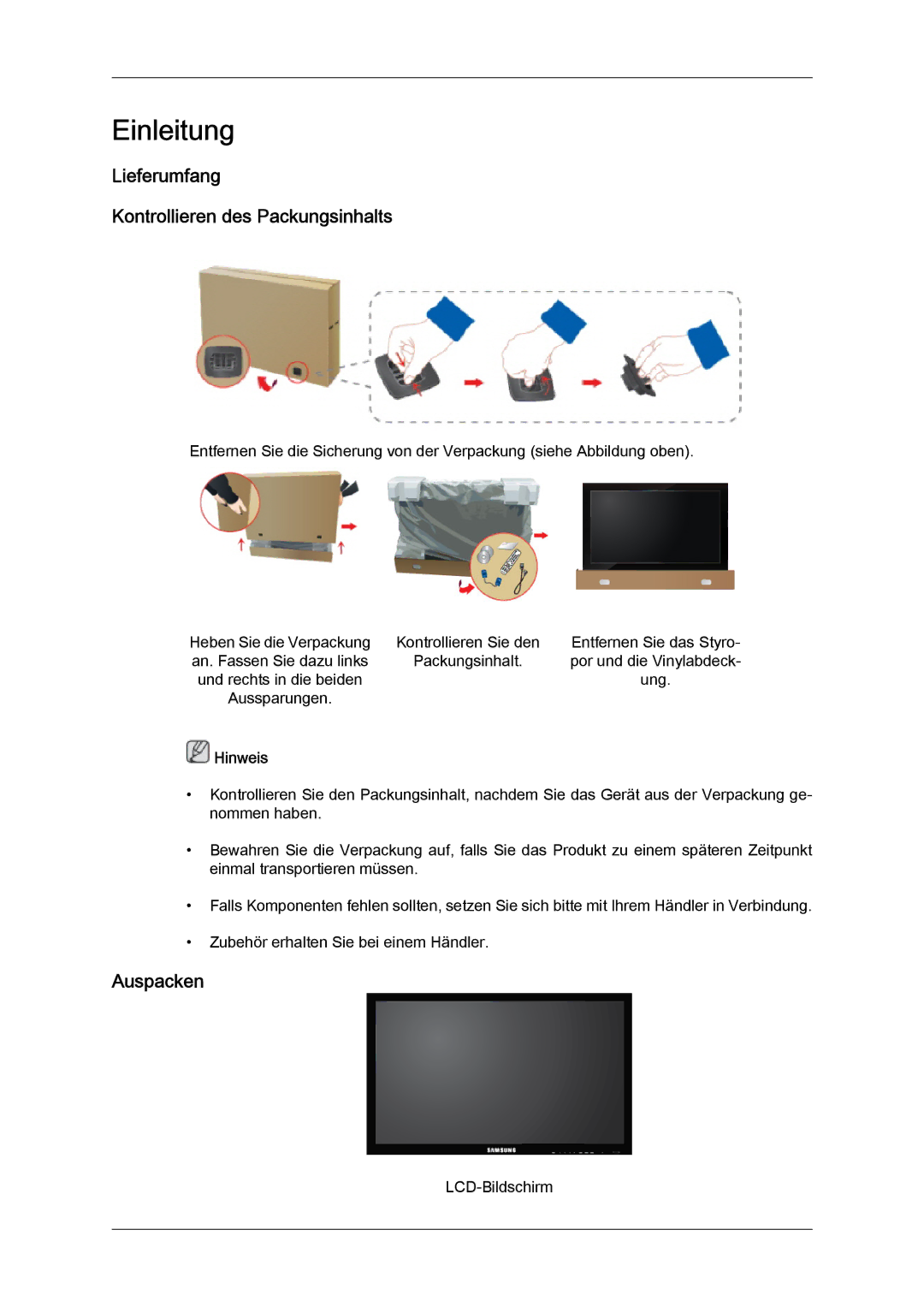 Samsung LH32CRSMBD/EN, LH32CRTMBC/EN, LH32CRSMBC/EN manual Lieferumfang Kontrollieren des Packungsinhalts, Auspacken 