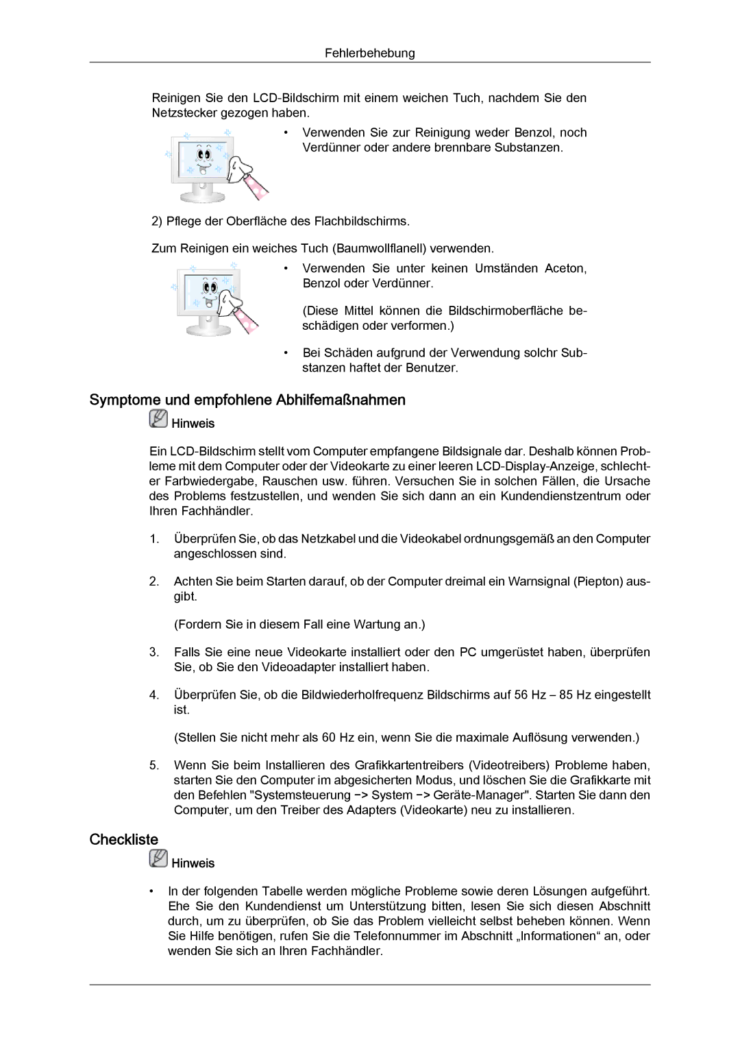 Samsung LH32CRSMBD/EN, LH32CRTMBC/EN, LH32CRSMBC/EN manual Symptome und empfohlene Abhilfemaßnahmen, Checkliste 