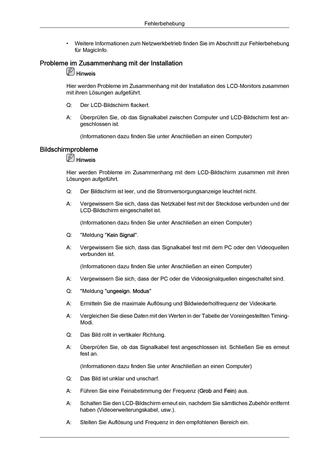 Samsung LH32CRTMBC/EN, LH32CRSMBC/EN, LH32CRSMBD/EN manual Probleme im Zusammenhang mit der Installation, Bildschirmprobleme 