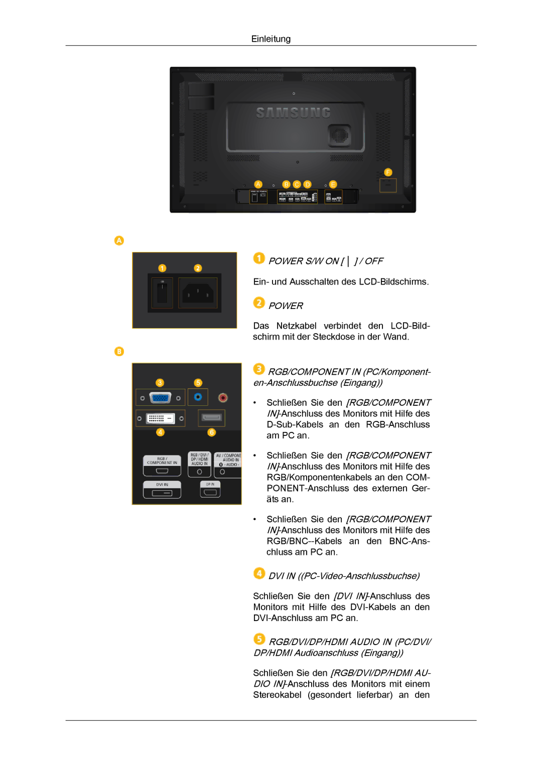 Samsung LH32CRTMBC/EN, LH32CRSMBC/EN, LH32CRSMBD/EN manual Power, RGB/COMPONENT in PC/Komponent- en-Anschlussbuchse Eingang 