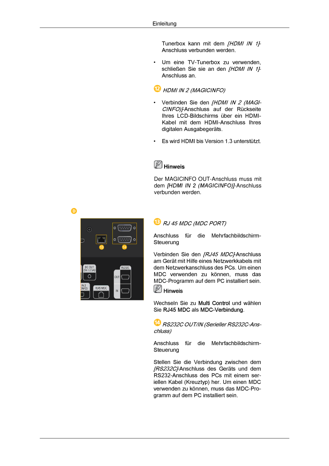 Samsung LH32CRSMBD/EN, LH32CRTMBC/EN, LH32CRSMBC/EN manual Hdmi in 2 Magicinfo, RJ 45 MDC MDC Port 