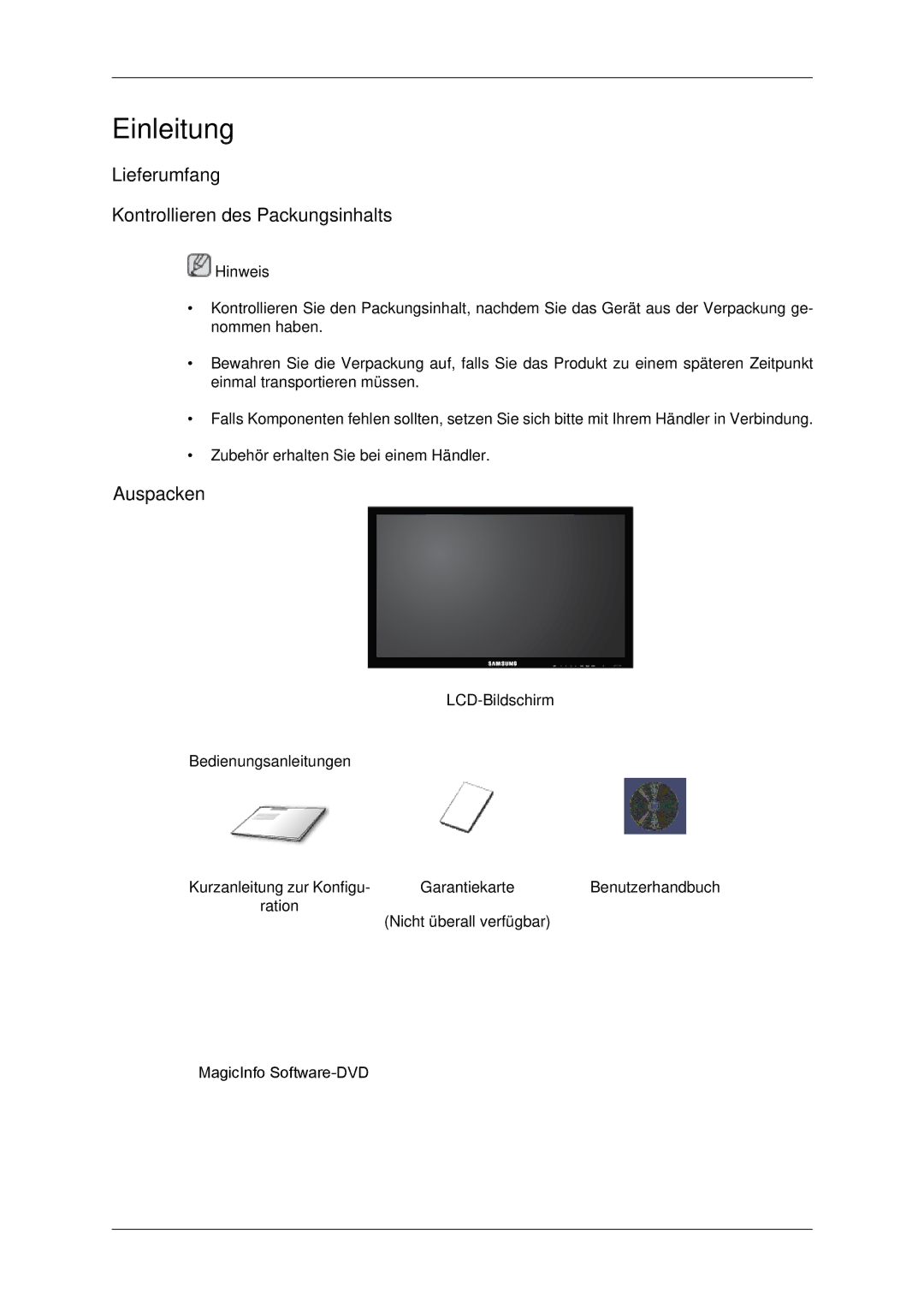 Samsung LH32CRSMBC/EN, LH32CRTMBC/EN manual Lieferumfang Kontrollieren des Packungsinhalts, Auspacken, Bedienungsanleitungen 