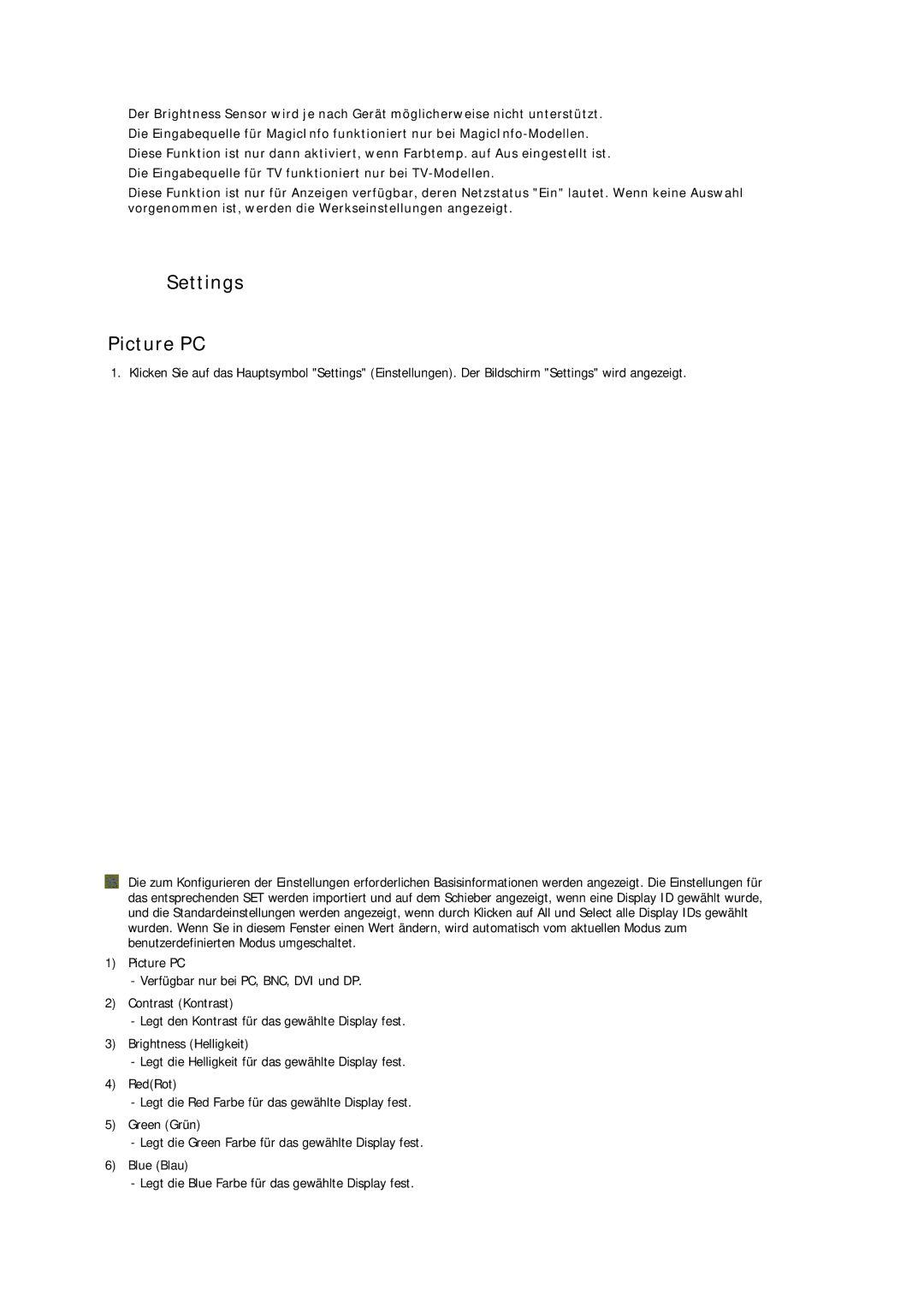 Samsung LH32CRSMBC/EN, LH32CRTMBC/EN, LH32CRSMBD/EN manual Settings Picture PC 