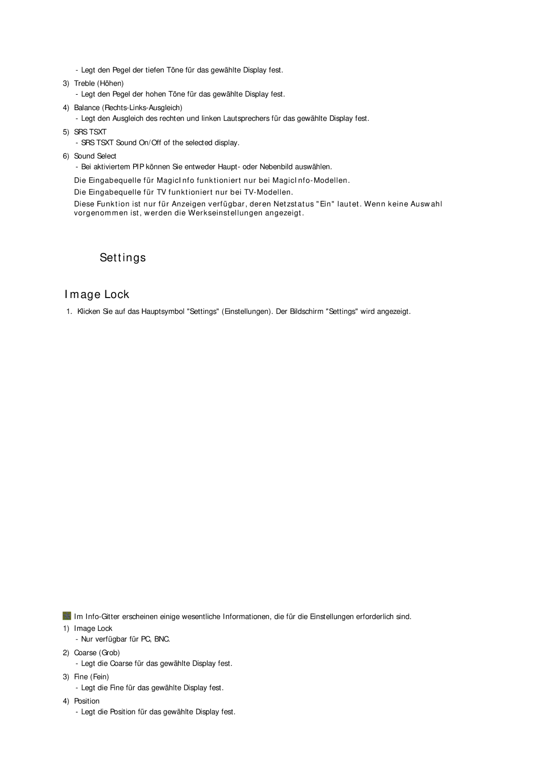 Samsung LH32CRTMBC/EN, LH32CRSMBC/EN, LH32CRSMBD/EN manual Settings Image Lock, SRS Tsxt 