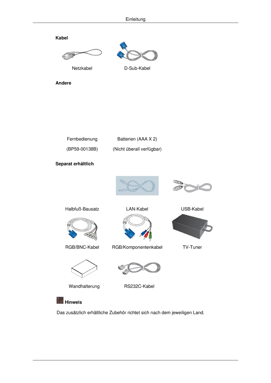 Samsung LH32CRSMBD/EN, LH32CRTMBC/EN, LH32CRSMBC/EN manual Kabel, Andere, Separat erhältlich 