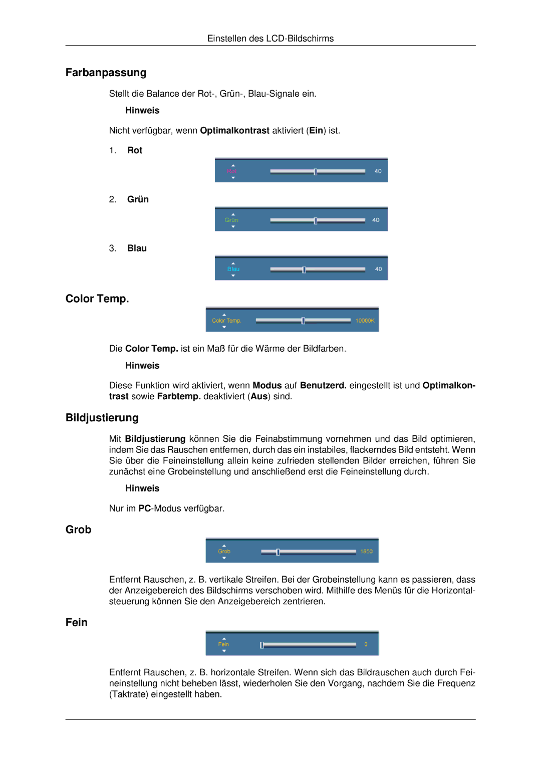 Samsung LH32CRSMBD/EN, LH32CRTMBC/EN, LH32CRSMBC/EN manual Farbanpassung, Color Temp, Bildjustierung, Grob, Fein 