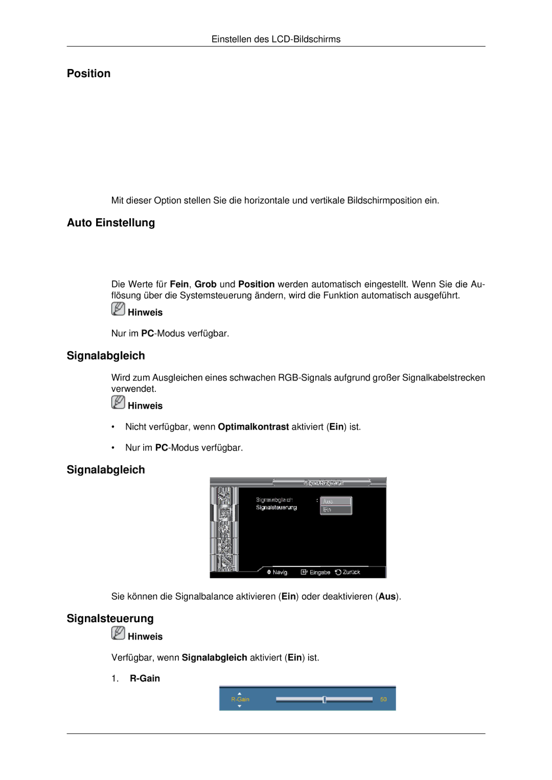 Samsung LH32CRTMBC/EN, LH32CRSMBC/EN, LH32CRSMBD/EN manual Auto Einstellung, Signalabgleich, Signalsteuerung, Gain 