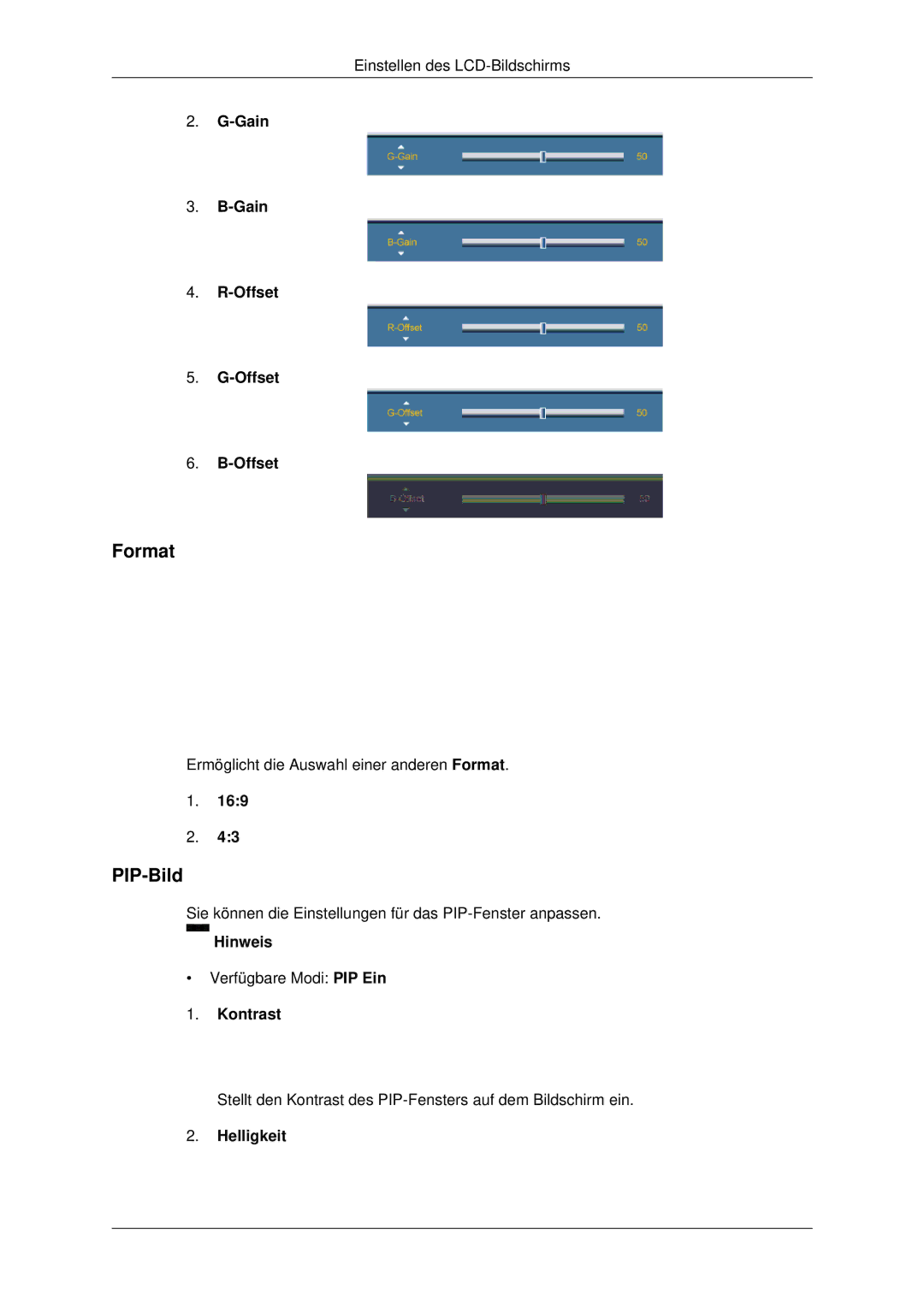 Samsung LH32CRSMBC/EN, LH32CRTMBC/EN, LH32CRSMBD/EN manual Format, PIP-Bild, Gain Offset 