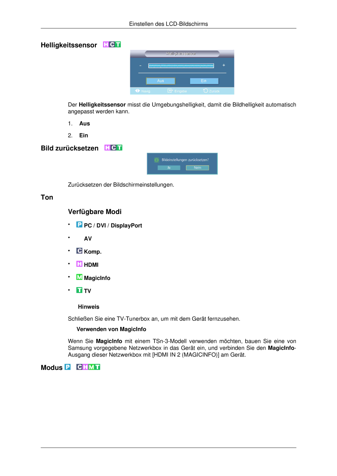 Samsung LH32CRTMBC/EN, LH32CRSMBC/EN, LH32CRSMBD/EN manual Helligkeitssensor, Ton Verfügbare Modi 