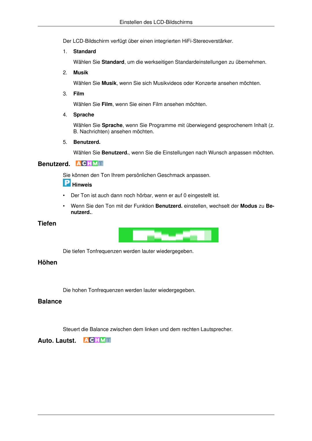 Samsung LH32CRSMBC/EN, LH32CRTMBC/EN, LH32CRSMBD/EN manual Tiefen, Höhen, Balance, Auto. Lautst 