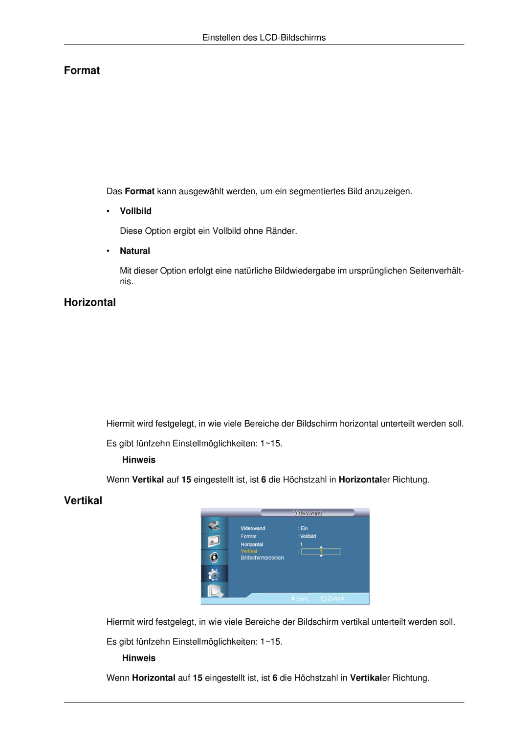 Samsung LH32CRSMBD/EN, LH32CRTMBC/EN, LH32CRSMBC/EN manual Horizontal, Vertikal, Vollbild 