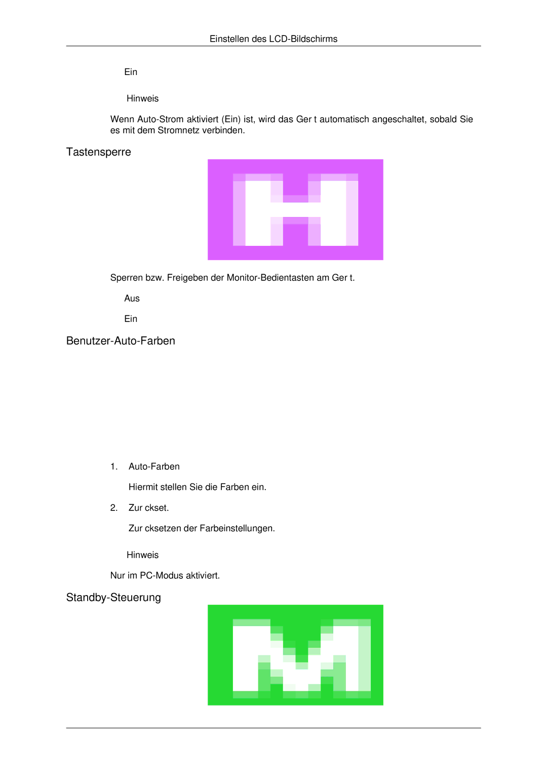 Samsung LH32CRSMBC/EN, LH32CRTMBC/EN, LH32CRSMBD/EN manual Tastensperre, Benutzer-Auto-Farben, Standby-Steuerung 