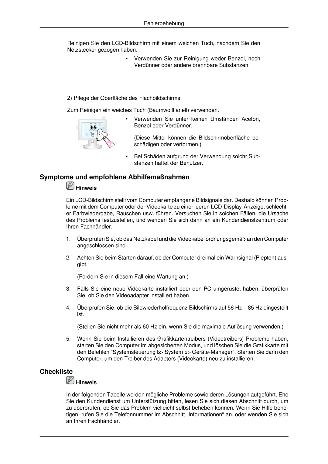 Samsung LH32CRSMBD/EN, LH32CRTMBC/EN, LH32CRSMBC/EN manual Symptome und empfohlene Abhilfemaßnahmen, Checkliste 