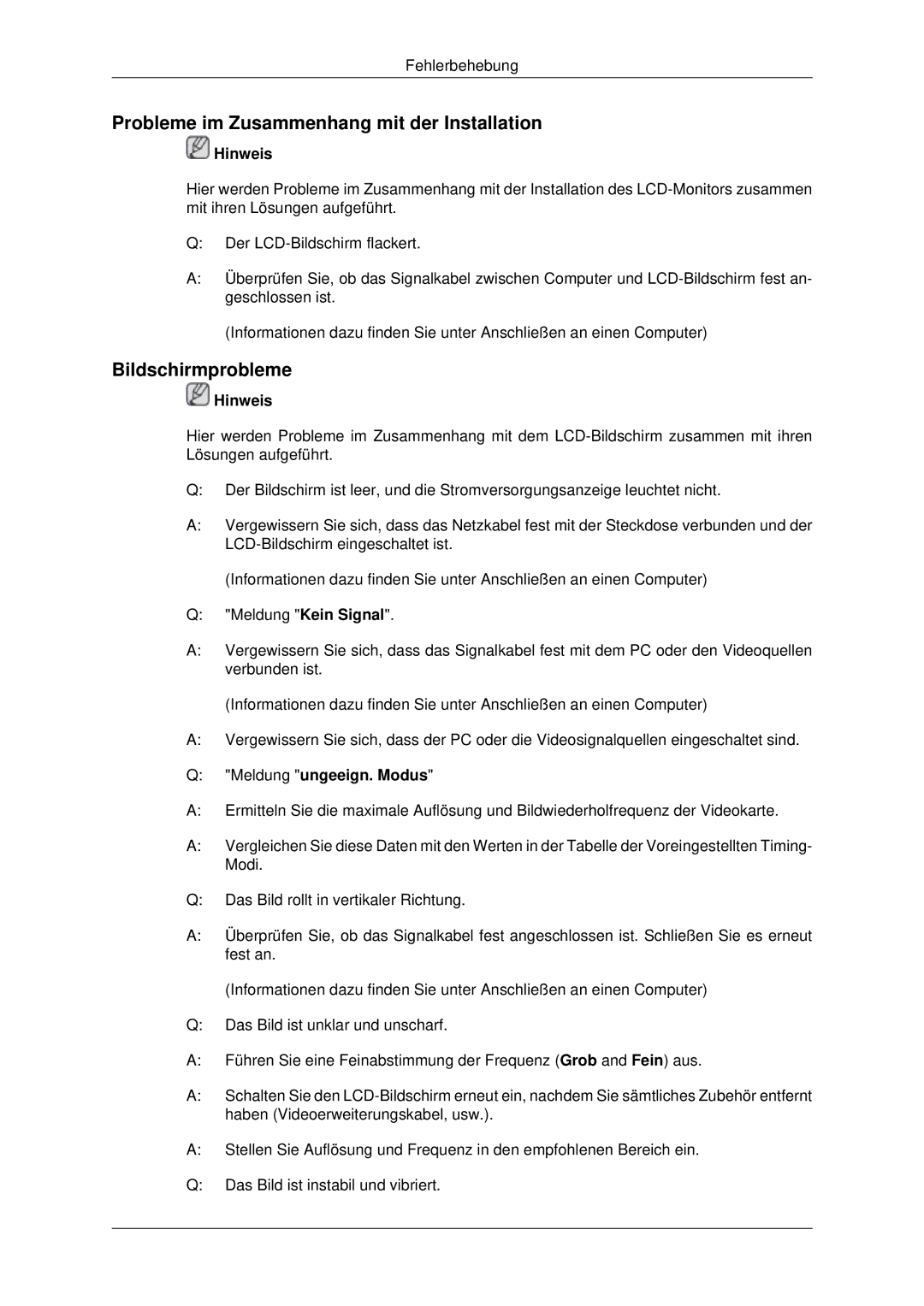 Samsung LH32CRTMBC/EN manual Probleme im Zusammenhang mit der Installation, Bildschirmprobleme, Meldung ungeeign. Modus 