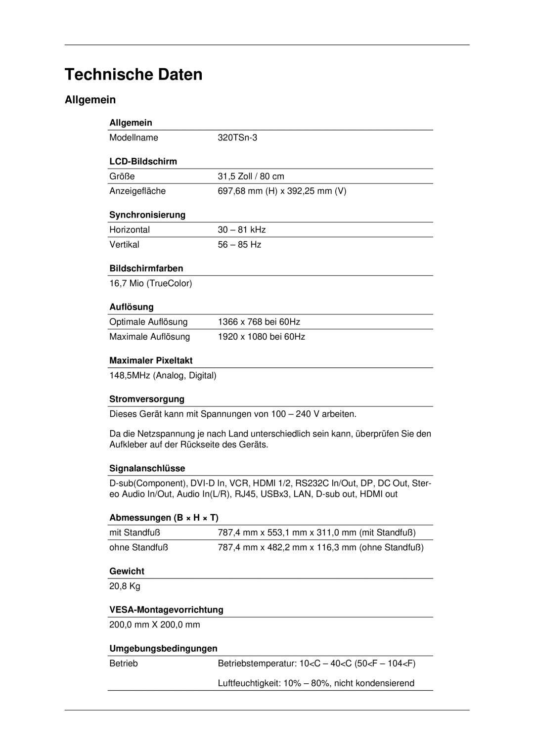 Samsung LH32CRSMBC/EN, LH32CRTMBC/EN, LH32CRSMBD/EN manual Allgemein 