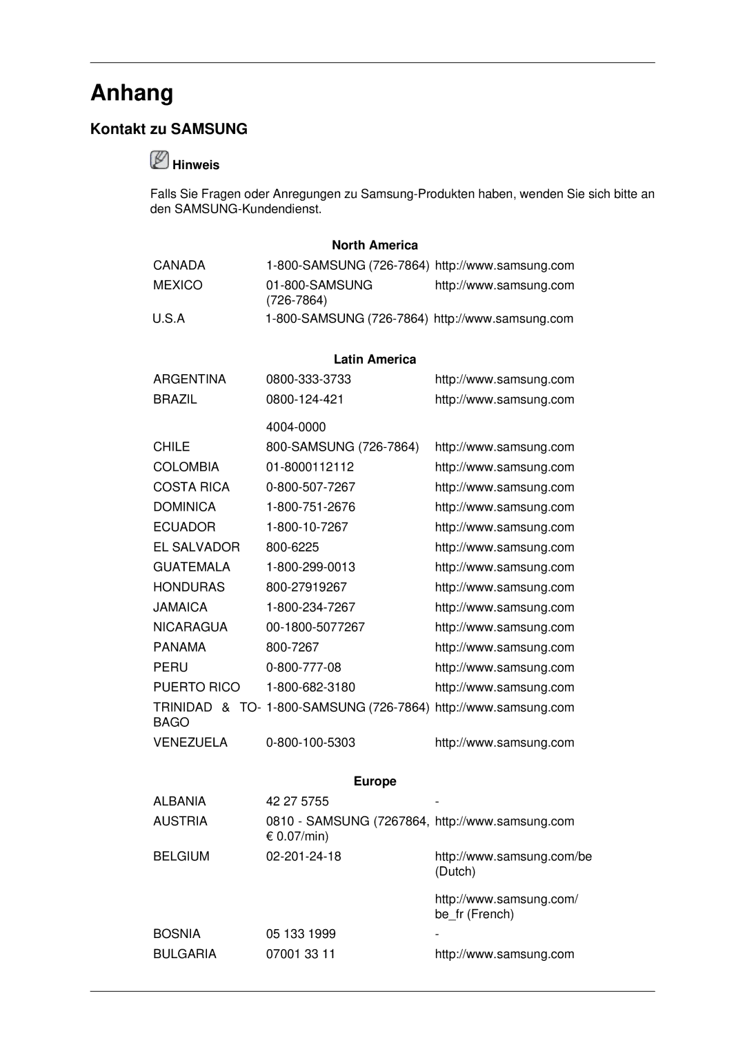 Samsung LH32CRTMBC/EN, LH32CRSMBC/EN, LH32CRSMBD/EN manual Kontakt zu Samsung, North America, Latin America, Europe 