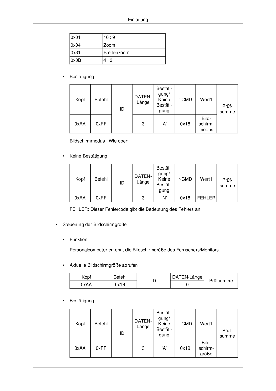 Samsung LH32CRSMBC/EN, LH32CRTMBC/EN, LH32CRSMBD/EN manual Einleitung 0x01 0x04 Zoom 0x31 Breitenzoom 0x0B Bestätigung 