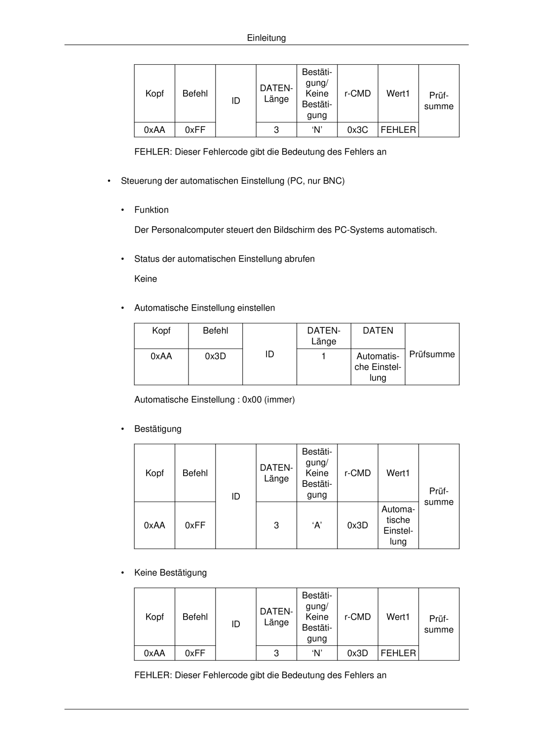 Samsung LH32CRTMBC/EN, LH32CRSMBC/EN, LH32CRSMBD/EN manual Länge Bestäti Gung Keine ‘N’ CMD 0x3C Wert1 