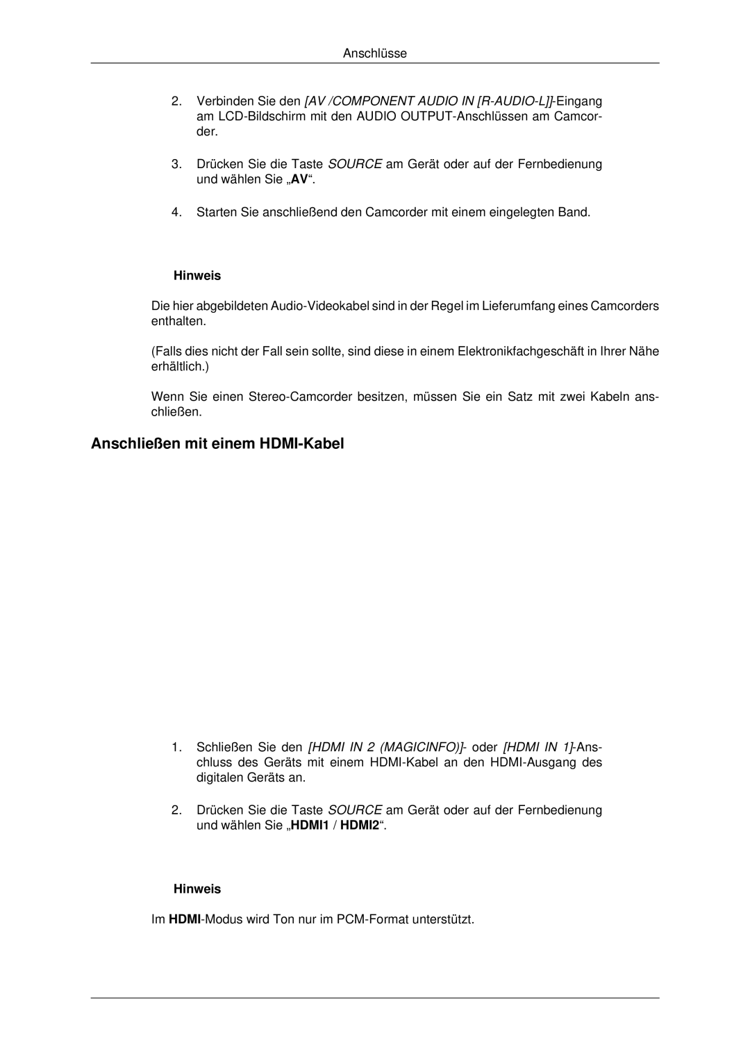 Samsung LH32CRSMBC/EN, LH32CRTMBC/EN, LH32CRSMBD/EN manual Anschließen mit einem HDMI-Kabel 