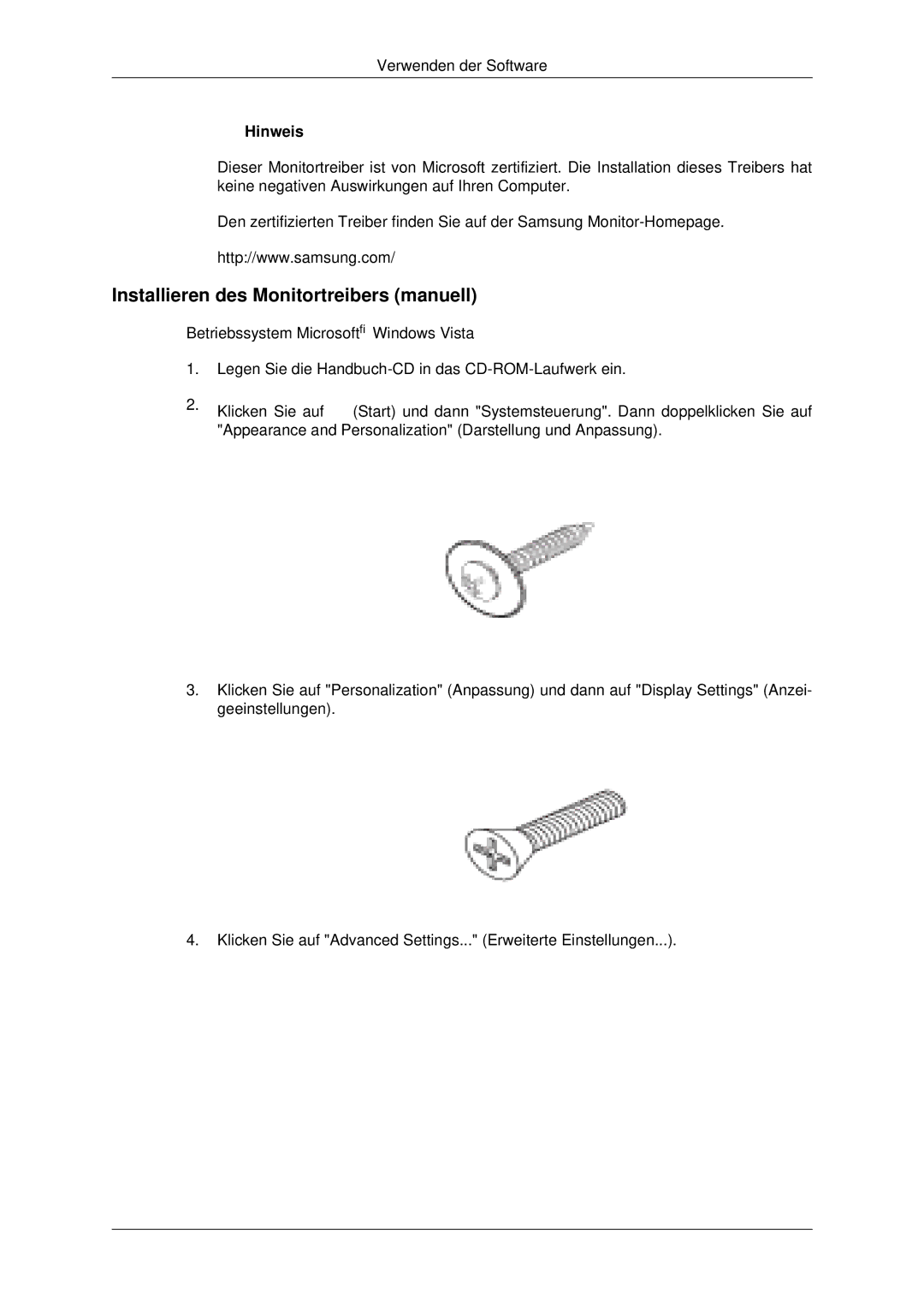 Samsung LH32CRSMBC/EN, LH32CRTMBC/EN manual Installieren des Monitortreibers manuell, Betriebssystem Microsoft Windows Vista 