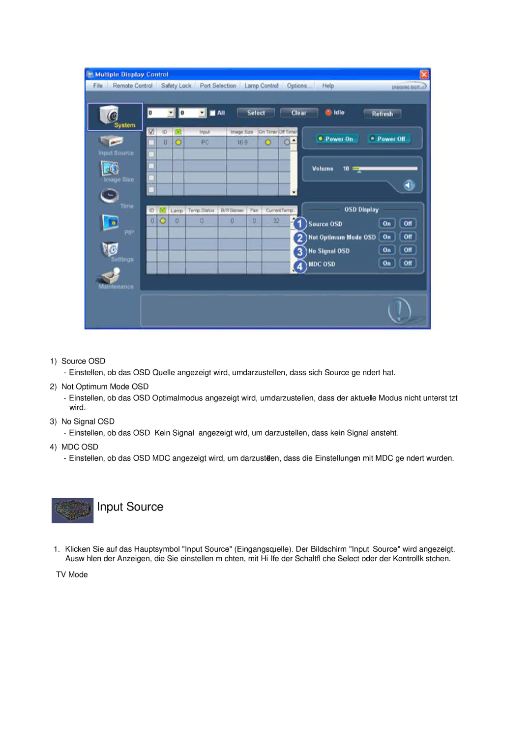 Samsung LH32CRTMBC/EN, LH32CRSMBC/EN, LH32CRSMBD/EN manual Input Source, Mdc Osd 