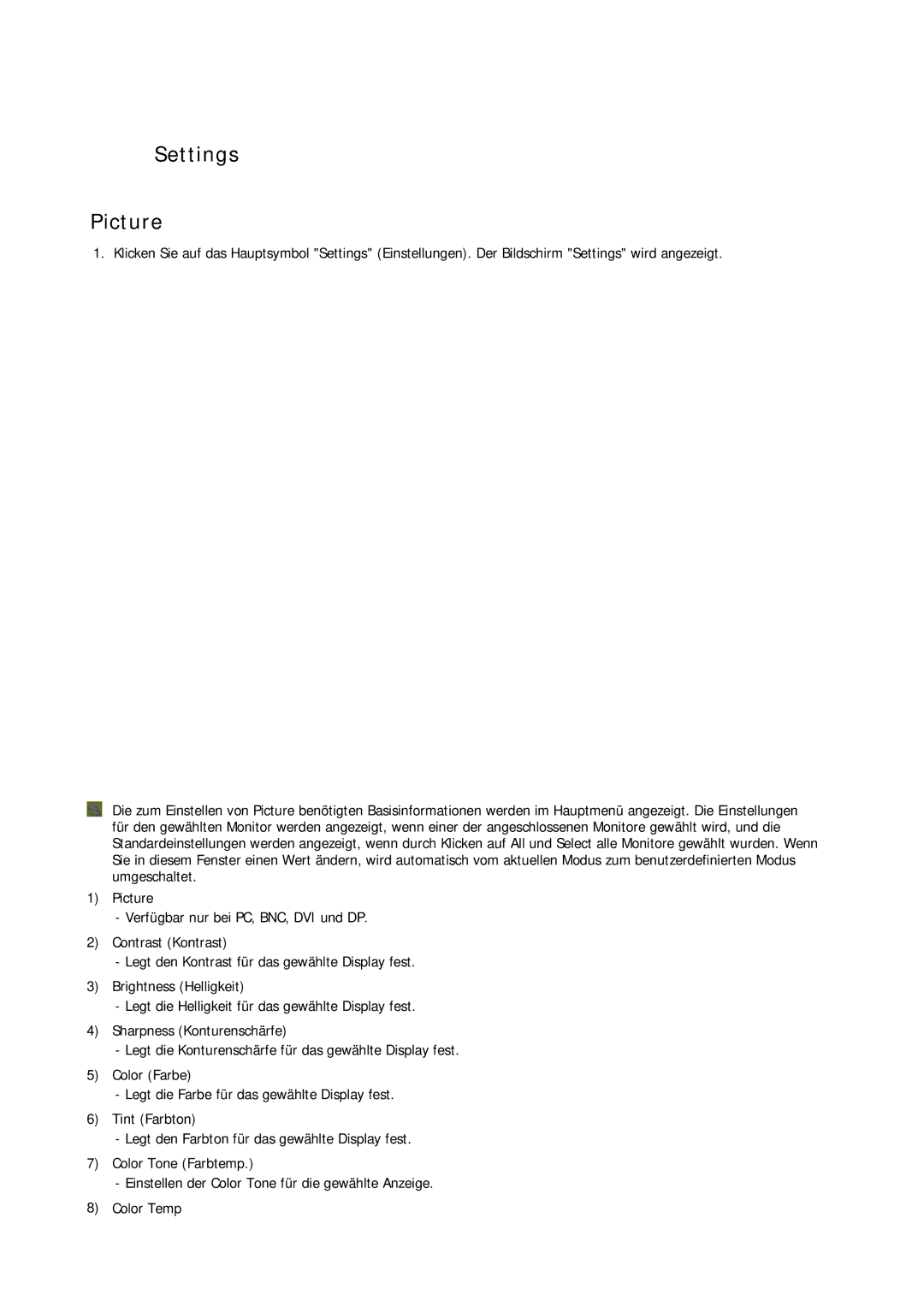 Samsung LH32CRSMBC/EN, LH32CRTMBC/EN, LH32CRSMBD/EN manual Settings Picture 