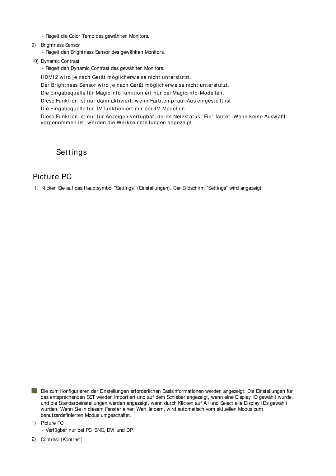 Samsung LH32CRSMBD/EN, LH32CRTMBC/EN, LH32CRSMBC/EN manual Settings Picture PC 