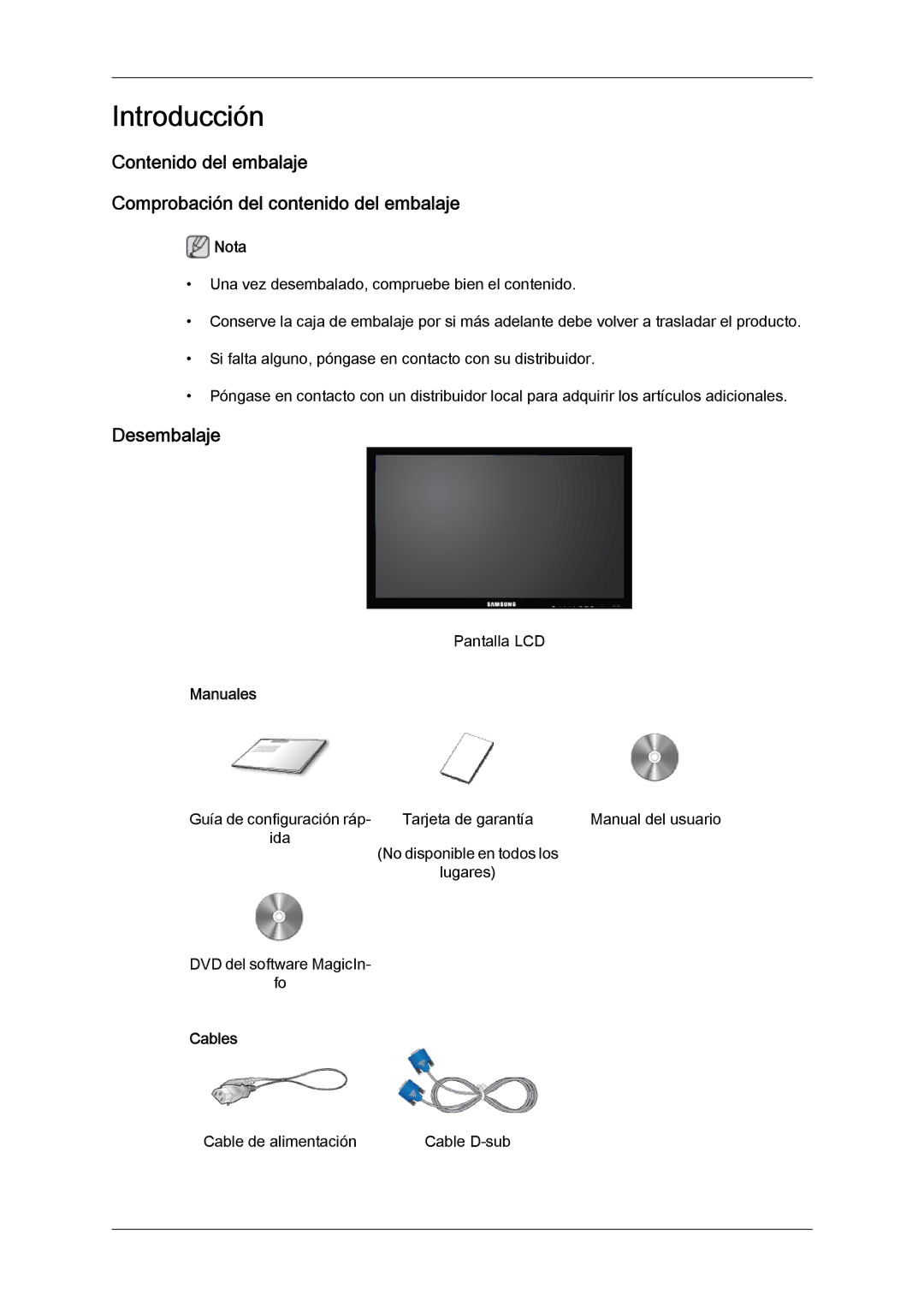 Samsung LH32CRSMBC/EN, LH32CRTMBC/EN, LH32CRSMBD/EN manual Desembalaje, Manuales, Cables 