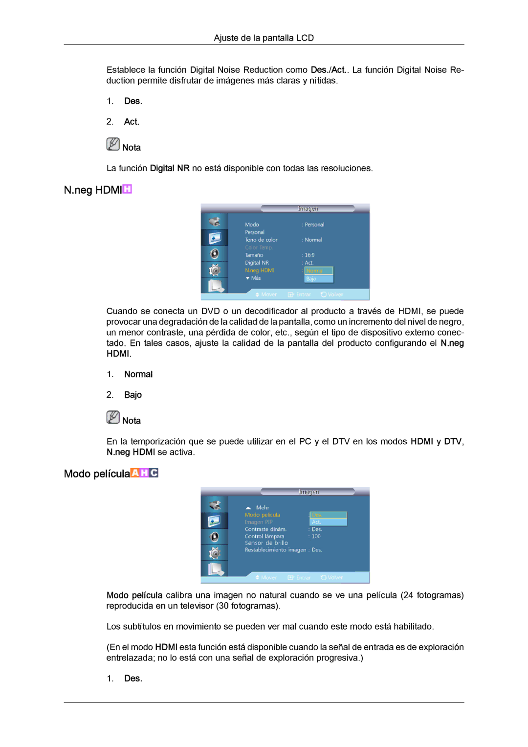 Samsung LH32CRSMBC/EN, LH32CRTMBC/EN, LH32CRSMBD/EN manual Modo película, Des Act Nota 