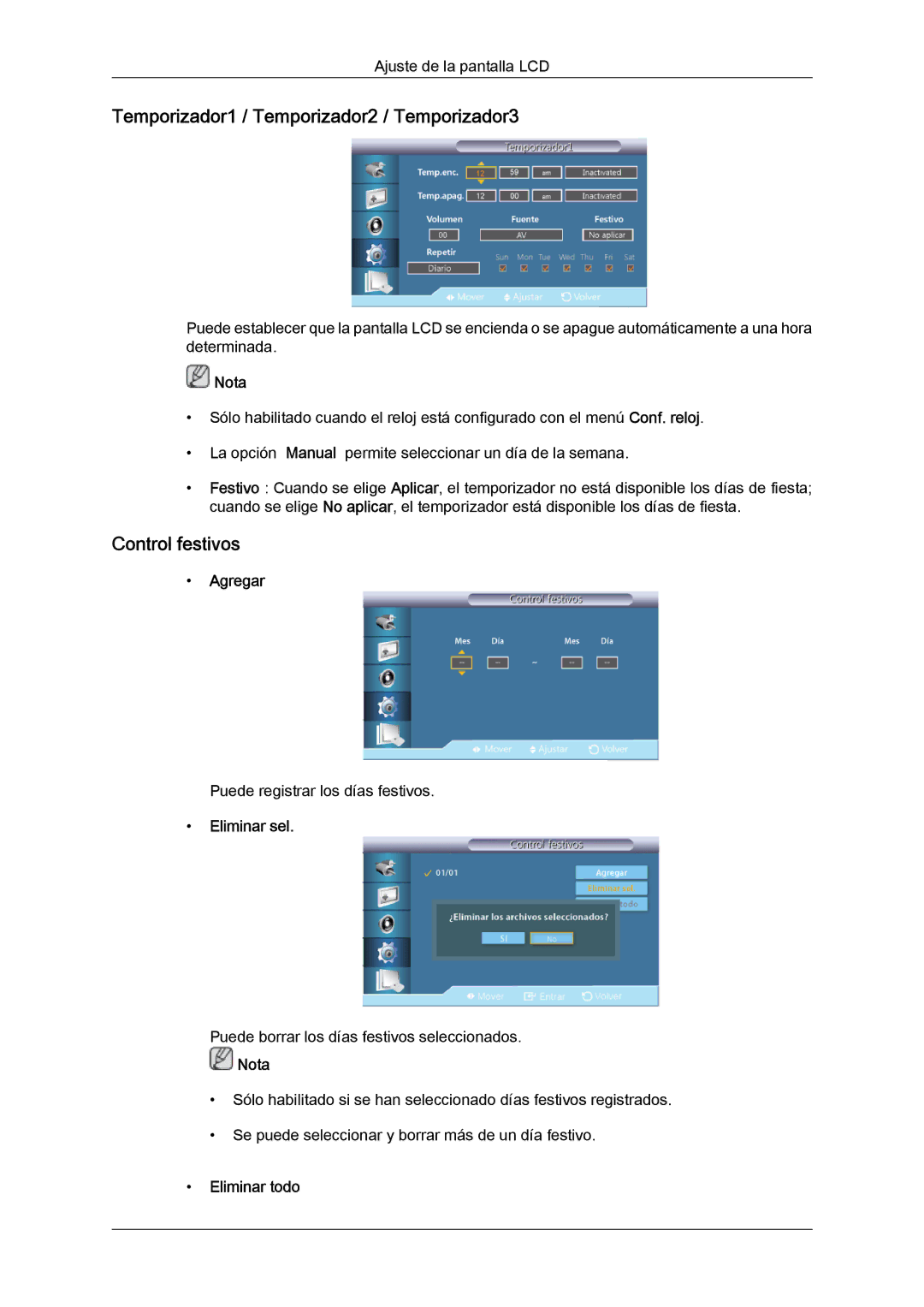 Samsung LH32CRSMBD/EN manual Temporizador1 / Temporizador2 / Temporizador3, Control festivos, Agregar, Eliminar sel 