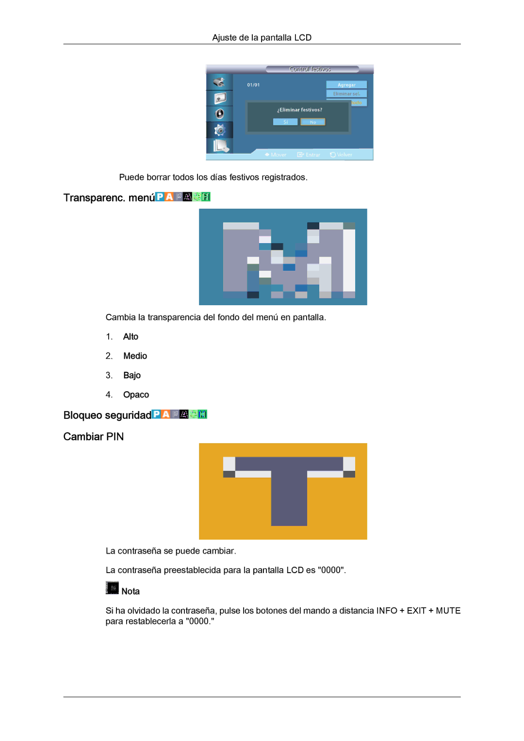 Samsung LH32CRTMBC/EN, LH32CRSMBC/EN, LH32CRSMBD/EN Transparenc. menú, Bloqueo seguridad Cambiar PIN, Alto Medio Bajo Opaco 