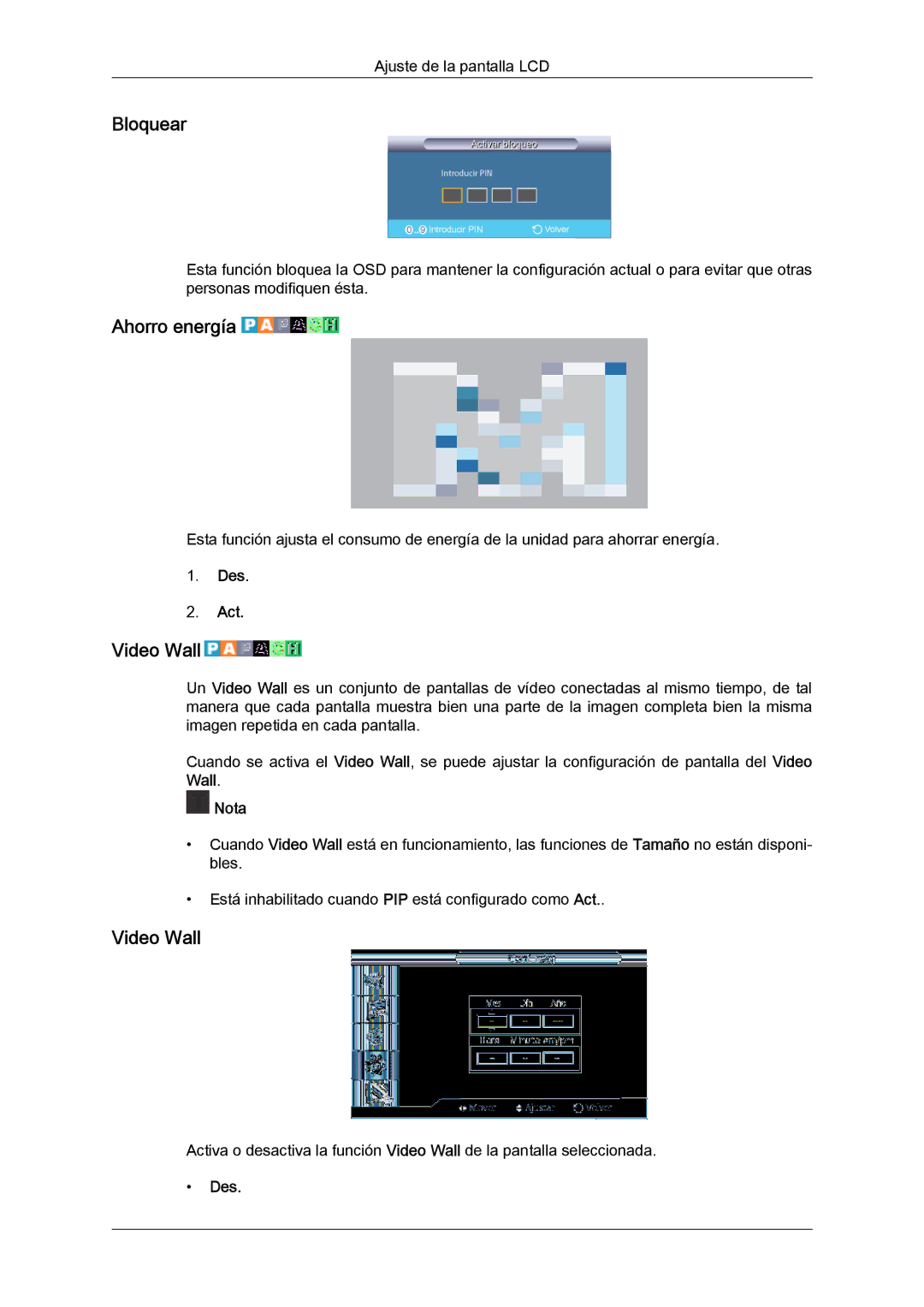 Samsung LH32CRSMBC/EN, LH32CRTMBC/EN, LH32CRSMBD/EN manual Bloquear, Ahorro energía, Video Wall 