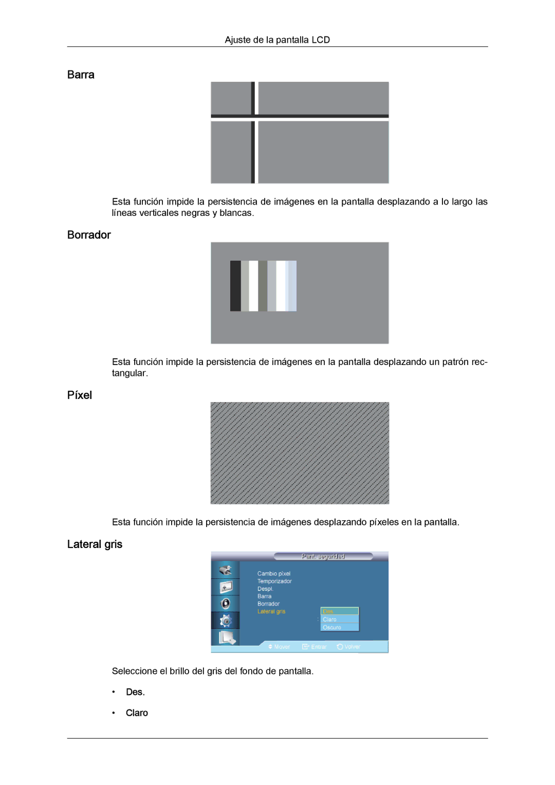 Samsung LH32CRTMBC/EN, LH32CRSMBC/EN, LH32CRSMBD/EN manual Barra, Borrador, Píxel, Lateral gris, Des Claro 