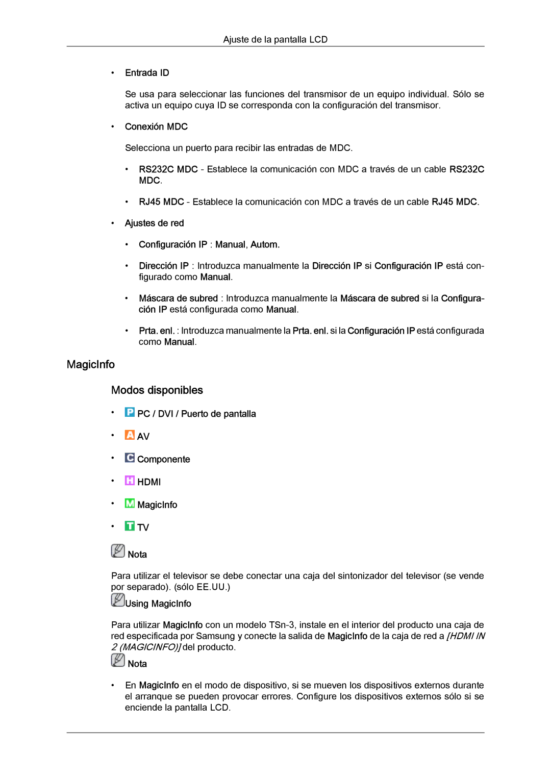 Samsung LH32CRTMBC/EN, LH32CRSMBC/EN, LH32CRSMBD/EN manual MagicInfo Modos disponibles, Entrada ID, Conexión MDC 