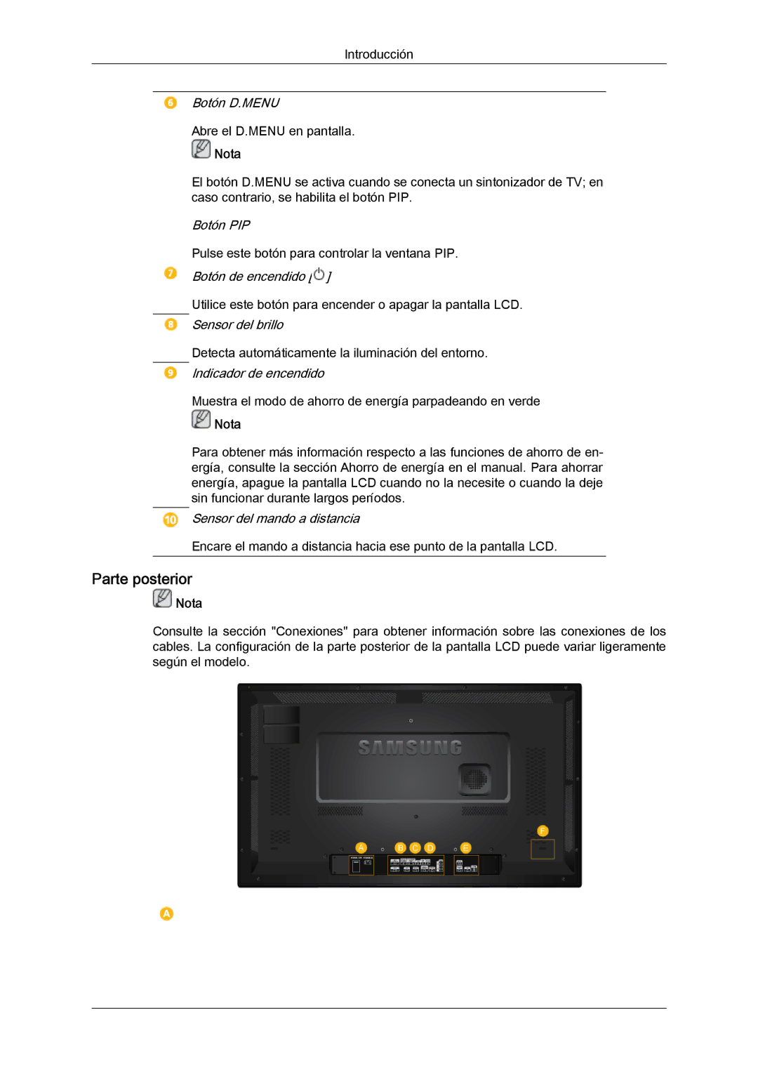 Samsung LH32CRSMBC/EN, LH32CRTMBC/EN, LH32CRSMBD/EN manual Parte posterior 