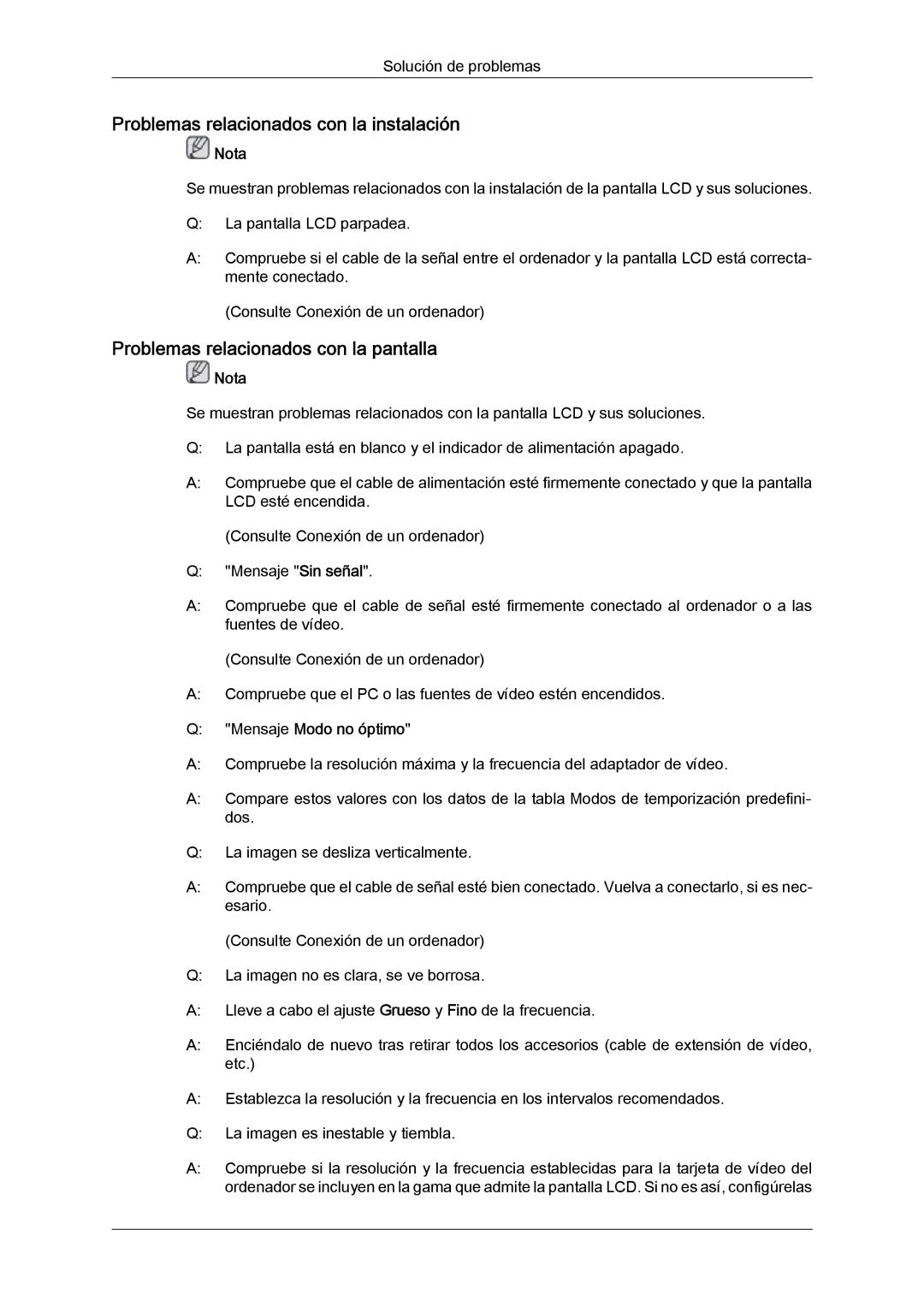 Samsung LH32CRSMBC/EN, LH32CRTMBC/EN Problemas relacionados con la instalación, Problemas relacionados con la pantalla 