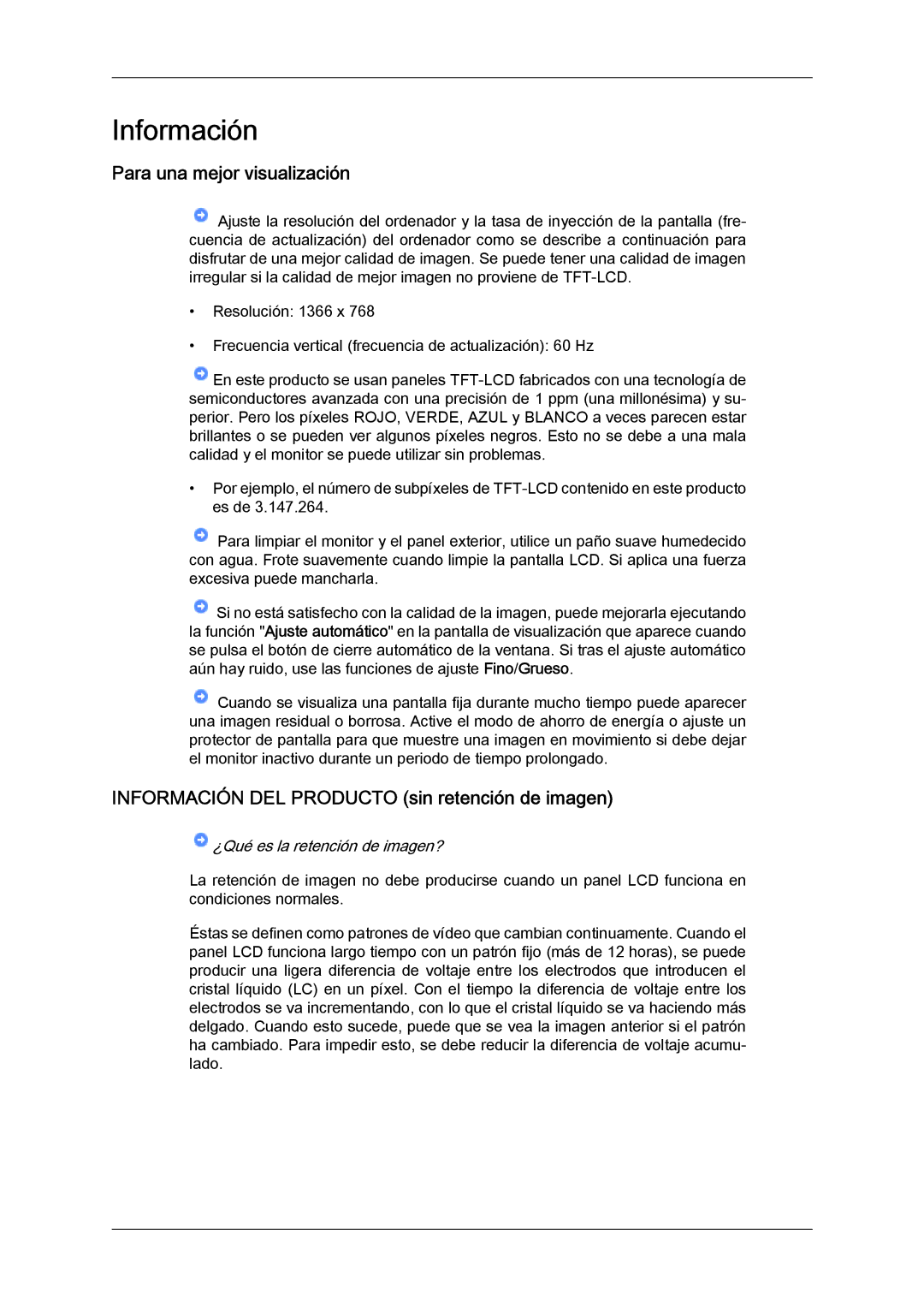 Samsung LH32CRTMBC/EN, LH32CRSMBC/EN manual Para una mejor visualización, Información DEL Producto sin retención de imagen 