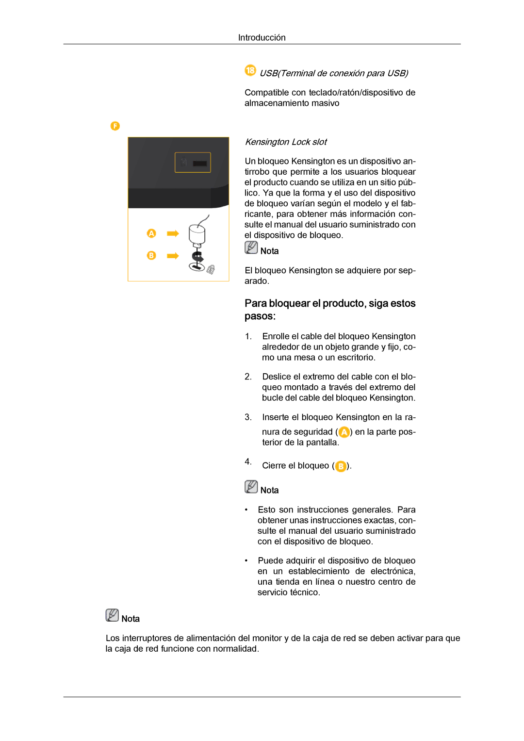 Samsung LH32CRSMBD/EN Para bloquear el producto, siga estos pasos, USBTerminal de conexión para USB, Kensington Lock slot 