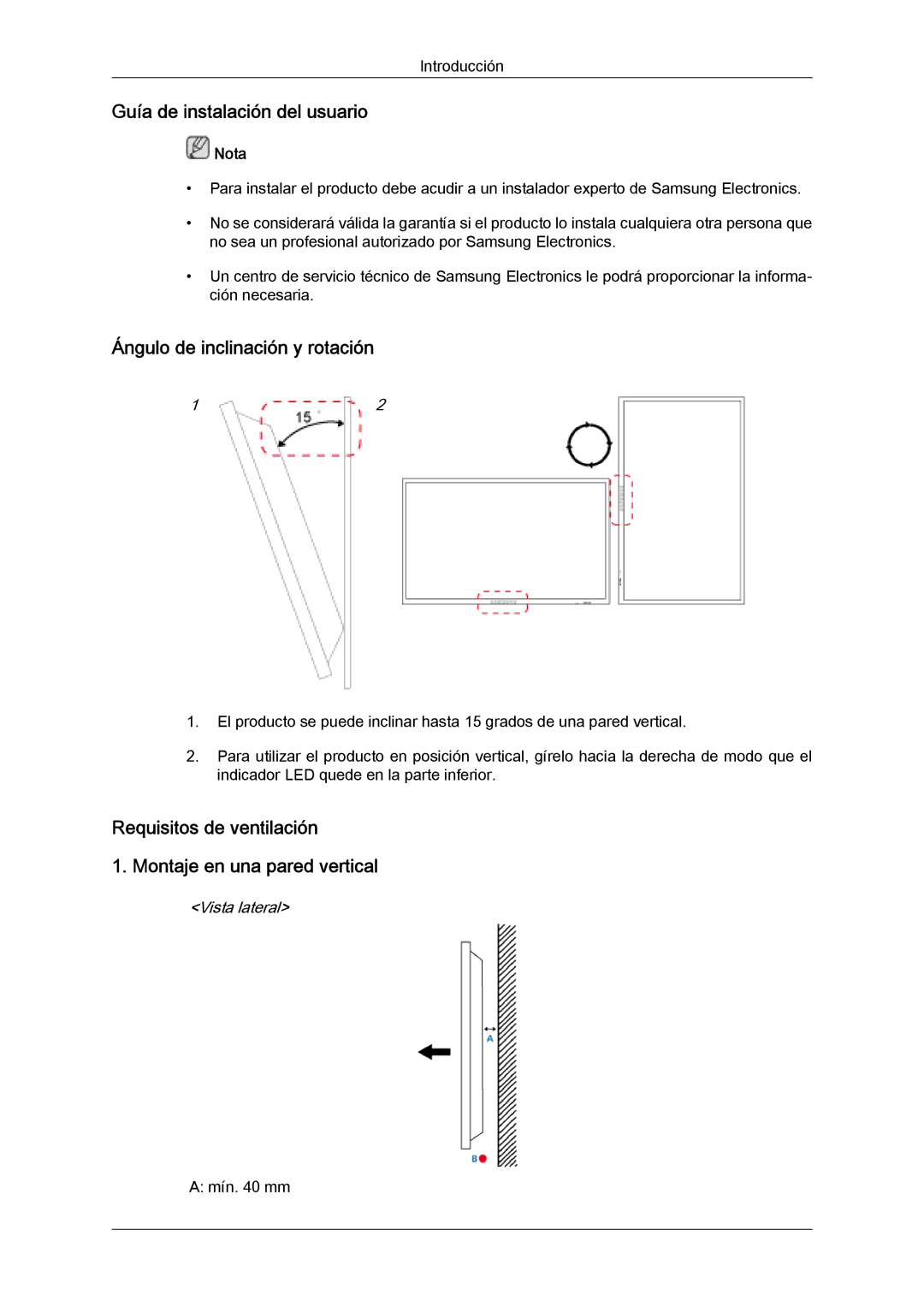 Samsung LH32CRTMBC/EN, LH32CRSMBC/EN manual Guía de instalación del usuario, Ángulo de inclinación y rotación, Vista lateral 