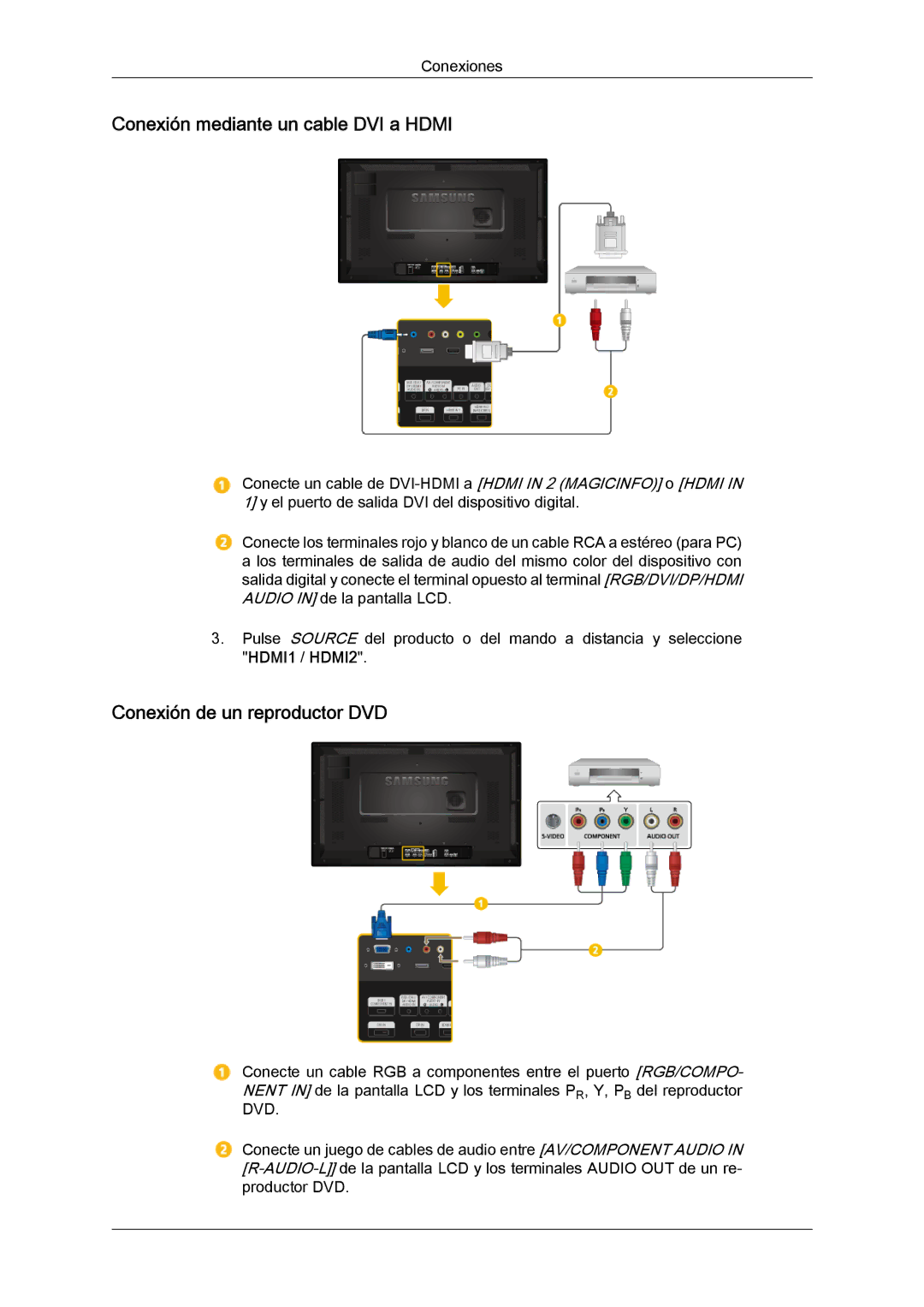 Samsung LH32CRTMBC/EN, LH32CRSMBC/EN, LH32CRSMBD/EN Conexión mediante un cable DVI a Hdmi, Conexión de un reproductor DVD 