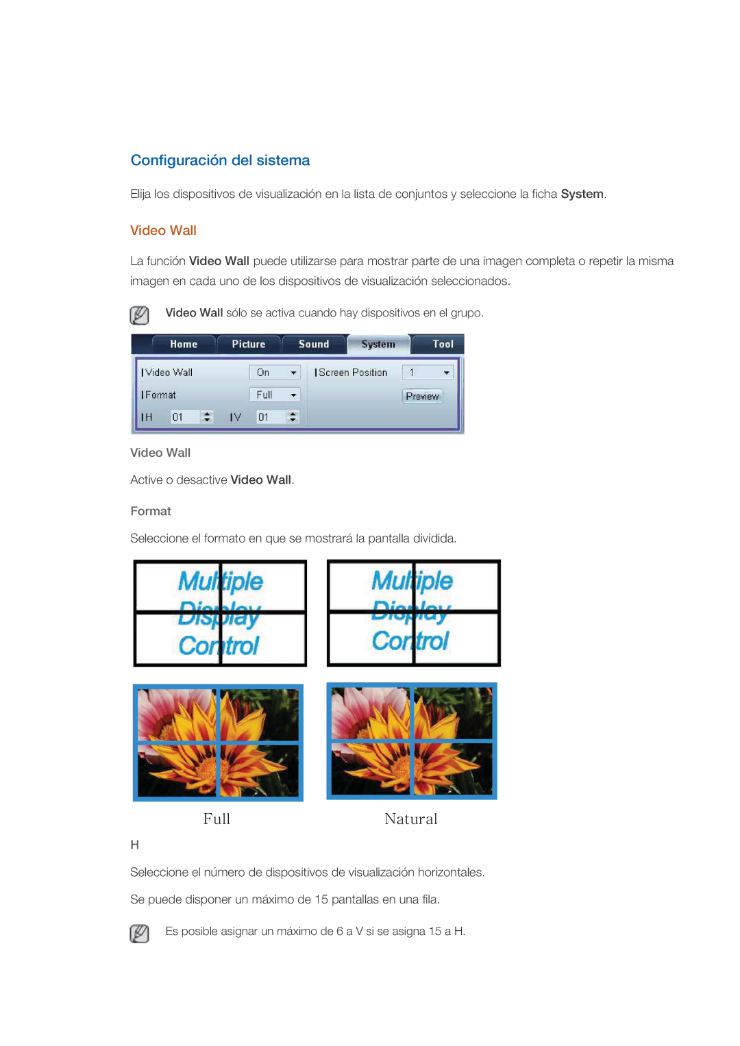 Samsung LH32CRSMBD/EN, LH32CRTMBC/EN, LH32CRSMBC/EN manual Configuración del sistema, Video Wall, Format 