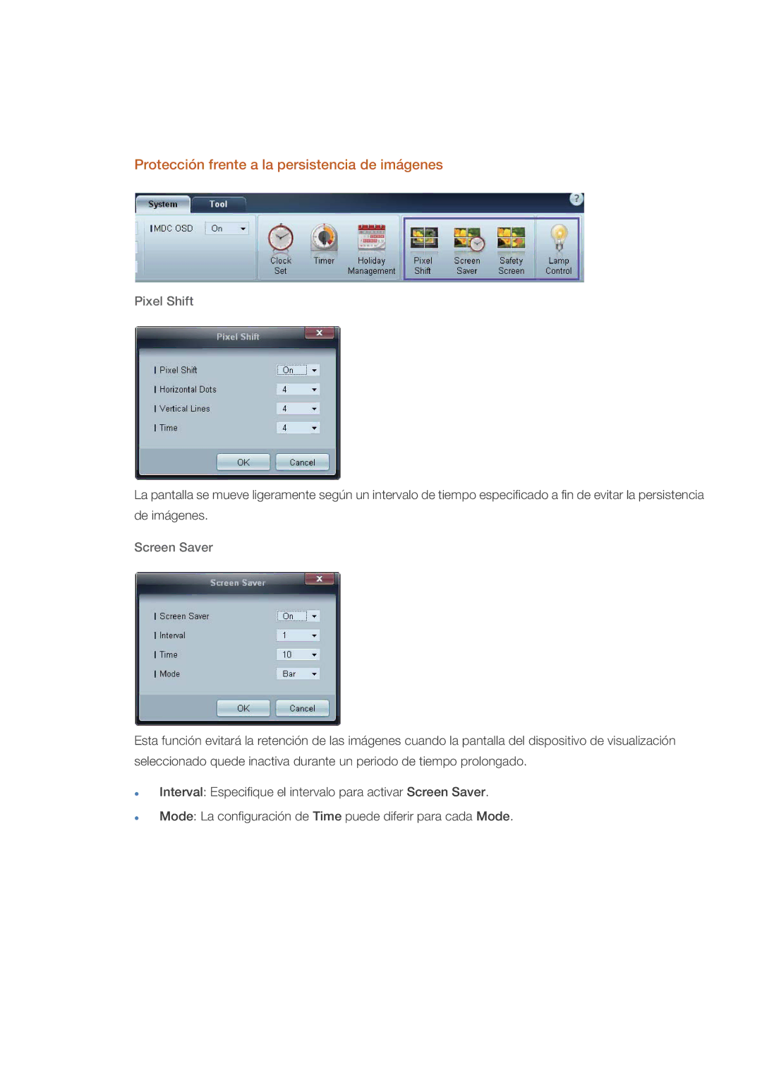 Samsung LH32CRSMBD/EN, LH32CRTMBC/EN manual Protección frente a la persistencia de imágenes, Pixel Shift, Screen Saver 