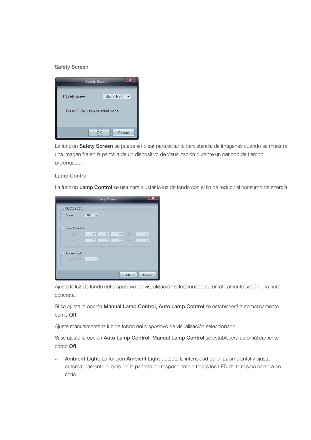 Samsung LH32CRTMBC/EN, LH32CRSMBC/EN, LH32CRSMBD/EN manual Safety Screen, Lamp Control 