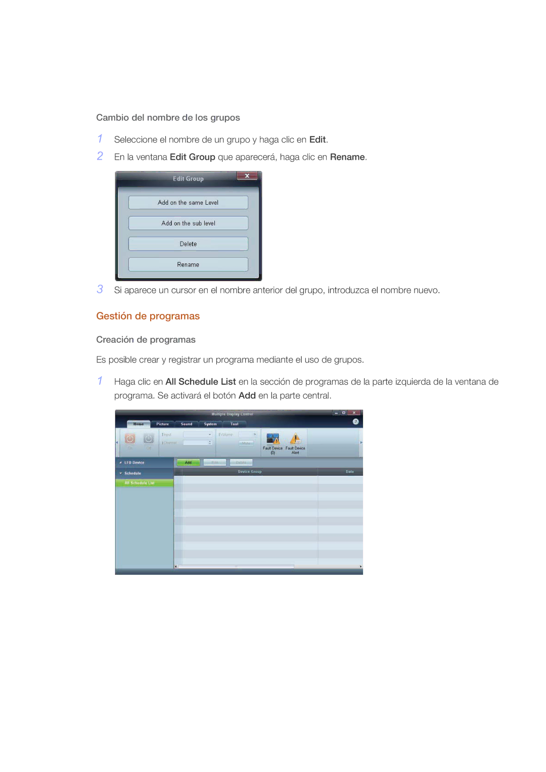 Samsung LH32CRSMBD/EN, LH32CRTMBC/EN manual Gestión de programas, Cambio del nombre de los grupos, Creación de programas 