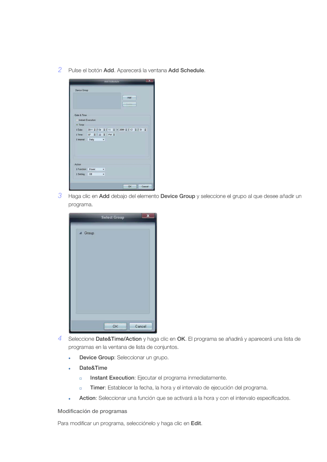 Samsung LH32CRTMBC/EN, LH32CRSMBC/EN, LH32CRSMBD/EN manual Modificación de programas 