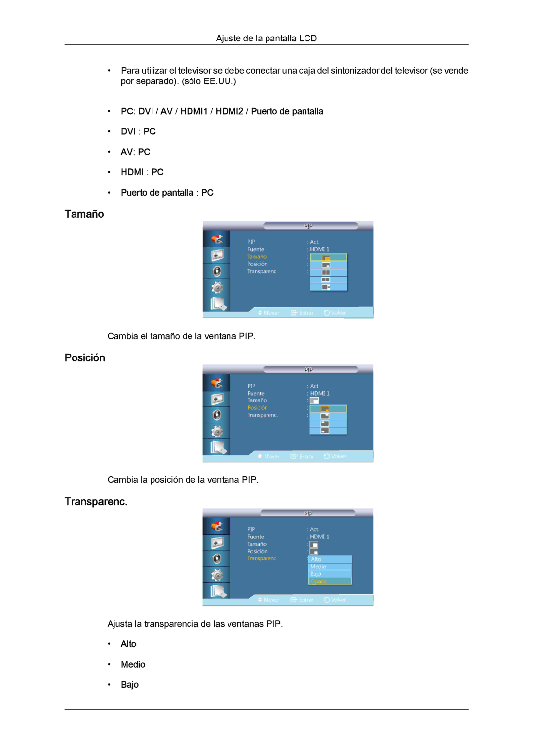 Samsung LH32CRSMBD/EN, LH32CRTMBC/EN, LH32CRSMBC/EN Tamaño, Posición, Transparenc, Puerto de pantalla PC, Alto Medio Bajo 