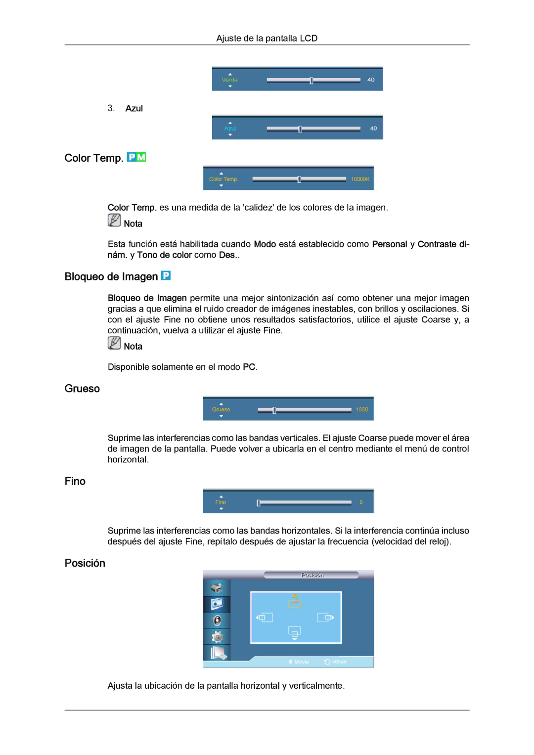 Samsung LH32CRSMBD/EN, LH32CRTMBC/EN, LH32CRSMBC/EN manual Color Temp, Bloqueo de Imagen, Grueso, Fino, Azul 