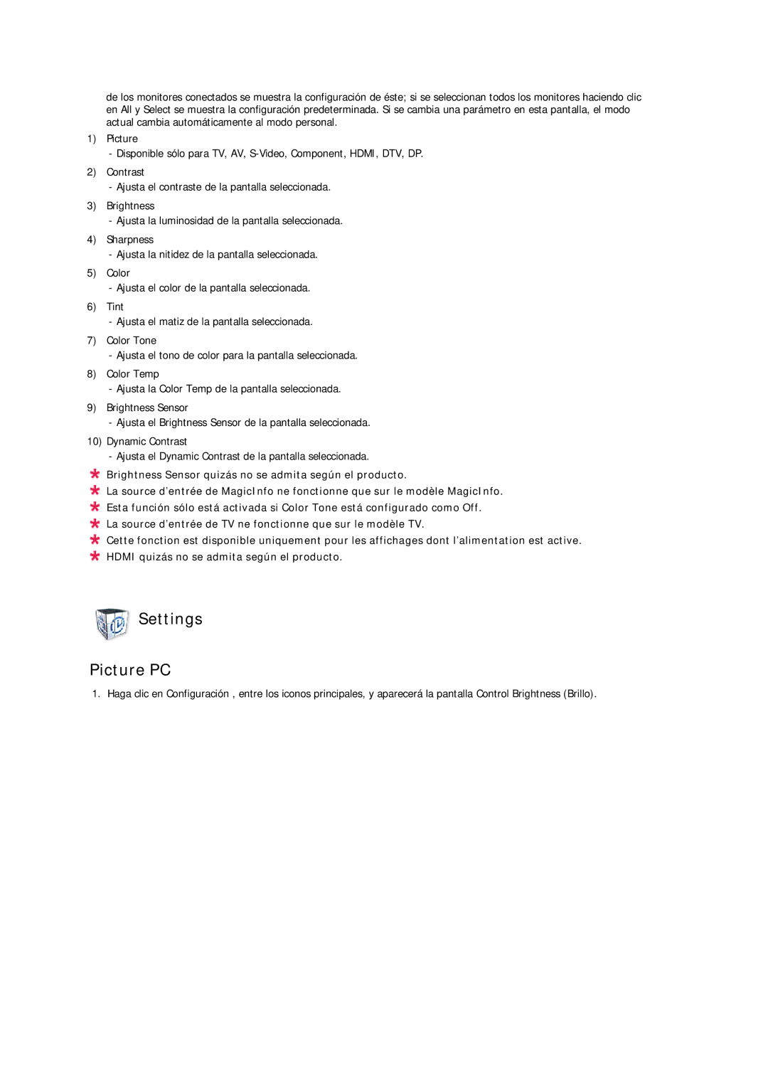 Samsung LH32CRSMBD/EN, LH32CRTMBC/EN, LH32CRSMBC/EN manual Settings Picture PC 