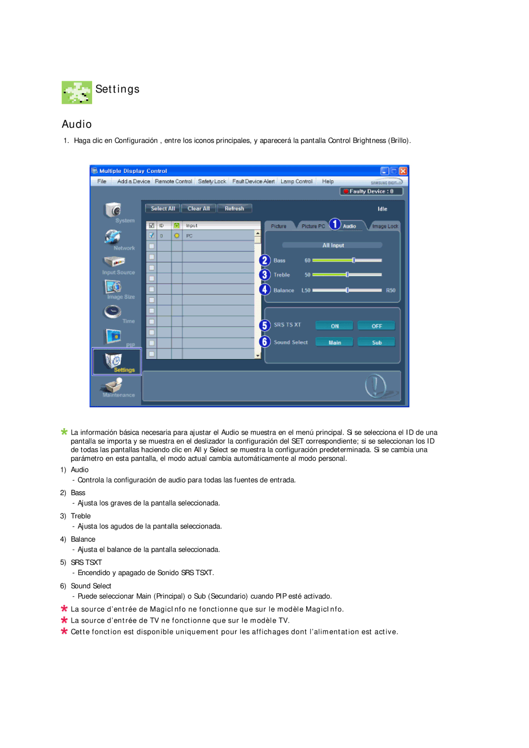 Samsung LH32CRSMBC/EN, LH32CRTMBC/EN, LH32CRSMBD/EN manual Settings Audio, SRS Tsxt 